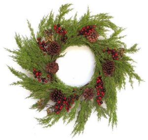 Couronne en cyprés synthétique diamètre 60cm avec pommes de pin et baies de haute qualité – Vert, Fibre synthétique