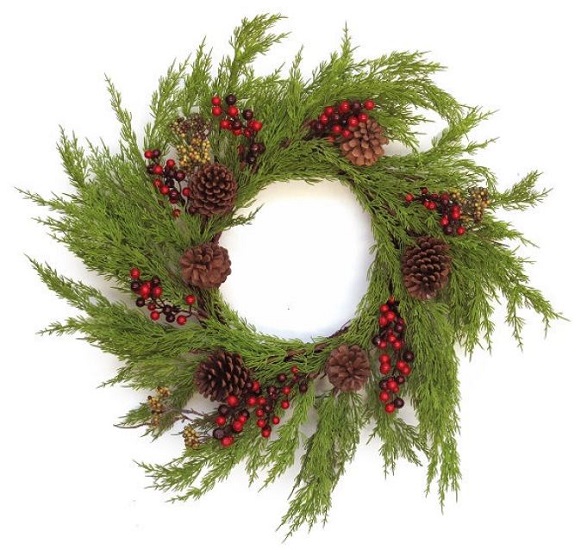 Couronne en cyprés synthétique diamètre 60cm avec pommes de pin et baies de haute qualité - Vert, Fibre synthétique
