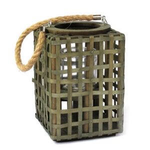 Petit bougeoir panier osier cylindrique, vert, H 20cm, avec Pot en verre, – Fibre