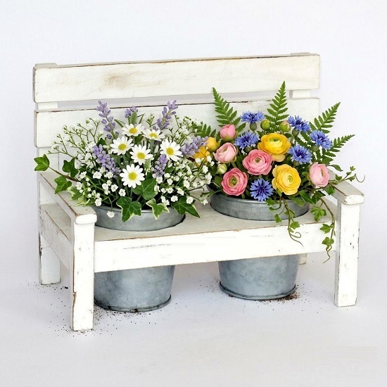 Jardinière Banc en bois blanc 27x14 x h21cm avec 2 cubes en zinc 10x10cm - immagine 2