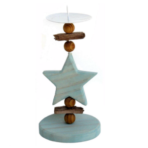 Bougeoir en bois vert-bleu 10×10 x h22cm