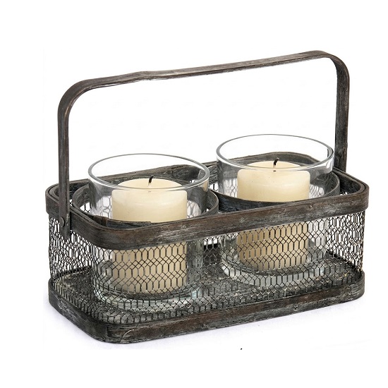 Bougeoir panier en fer, avec 2 bocaux en verre - Marron, Métal – Image 2