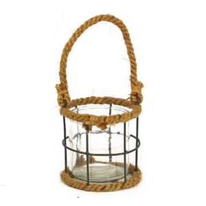Grand bougeoir en fer avec corde, 12 cm de diamètre x 11,5 cm de hauteur ; bocal en verre, 10 cm de diamètre x 10 cm de hauteur – Marron
