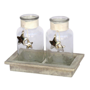 Support en bois peint gris pour 2 bocaux 21,5×12 x h3,5/17cm avec bocaux bouche 6 diam x base 8 diam x h16cm – Gris / argent