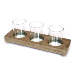 Bougeoir en bois pour 3 bougies 42,5×13 x h15,5cm- pot en verre 9 diam x h11cm- Socle 42,5x13xh5,5cm – Marron, Bois et verre