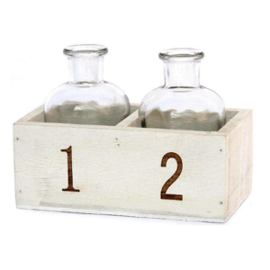 Support en bois blanc 14,5×7,5cm x h6/11cm avec 2 carafes en verre 5,5 cm diam x h10cm