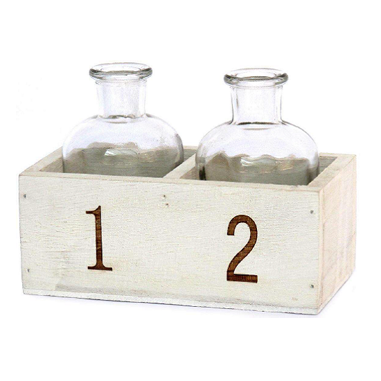 Support en bois blanc 14,5x7,5cm x h6/11cm avec 2 carafes en verre 5,5 cm diam x h10cm