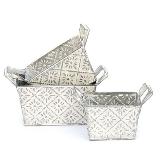 3 jardinières métal blanc 12,3x9 x h8cm plus 15x11 x h9cm plus 18x13,5 x h10cm lot de 2