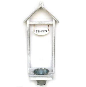 Jardinière haute en bois, H 46cm, Pot métal D 10 cm - Blanc