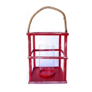 Porte bougie en fibre naturelle 16×16 x h21cm avec poignée en corde et verre 7 diam. x h 14cm rouge Lot de 2