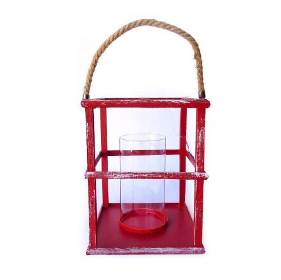 Porte bougie en fibre naturelle 16x16 x h21cm avec poignée en corde et verre 7 diam. x h 14cm rouge Lot de 2