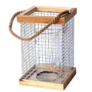 Porte bougie en bois et  fil de fer avec poignée en corde 14×14 x H17cm avec Pot en verre 10 diam x h10cm – Incolore / transparent, Bois et métal