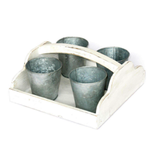 Plateau en bois blanc 28×27 x h 14cm avec 4 Pots en zinc 10x10cm Lot de 2 – Bois et verre