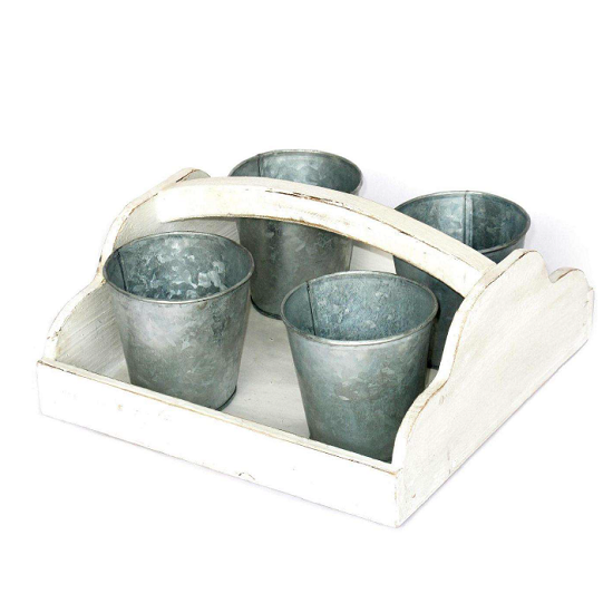 Plateau en bois blanc 28x27 x h 14cm avec 4 Pots en zinc 10x10cm Lot de 2 - Bois et verre