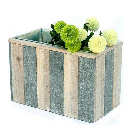 Jardinière en bois 32x18 x H21cm avec Pot de fleurs en zinc Base 23,5x10-haut 28x14,5-h 10cm - Beige, Bois et métal - immagine 2