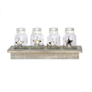 Support en bois pour 4 pots 26,5×9 x h3,5/11cm avec Pot en verre 5xh10cm – Gris / argent
