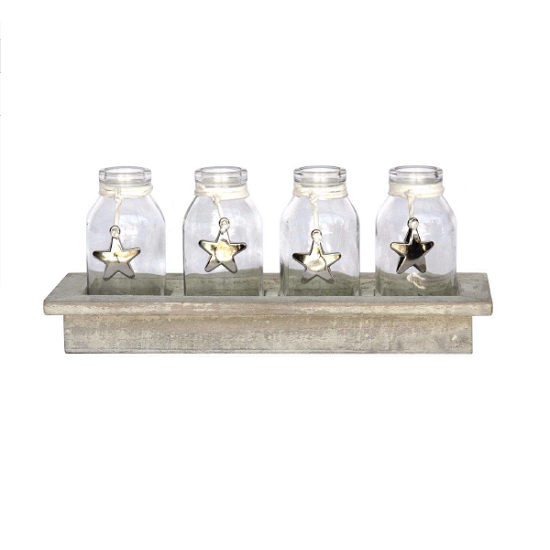 Support en bois pour 4 pots 26,5x9 x h3,5/11cm avec Pot en verre 5xh10cm - Gris / argent
