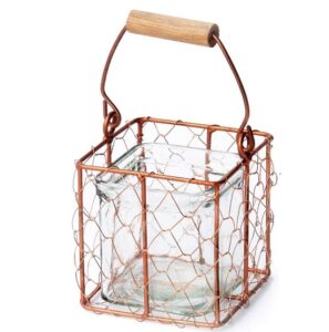 Porte bougie  en cuivre 9x9x hauteur 9 cm avec 1 récipient 7,5×7,5 x hauteur 7,6cm – Orange / cuivré