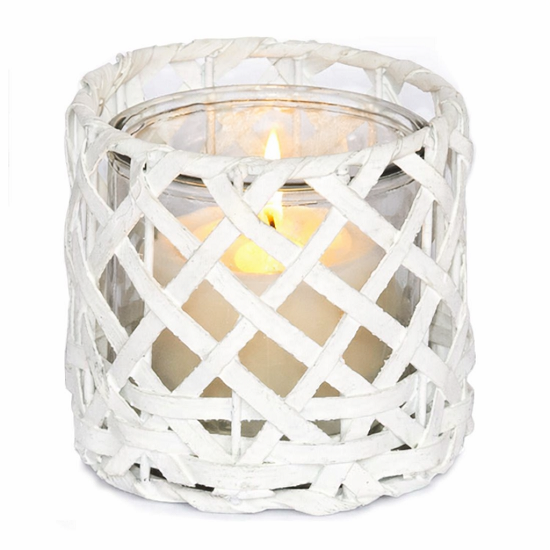 Porte bougie rond blanc en osier, diamètre 11,5 x hauteur 11,5 cm, avec Pot en verre diamètre 10 x hauteur 10cm – Image 2