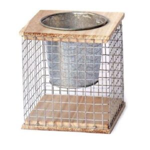 Jardinière en fil de fer, avec un pot en zinc – Gris / argent, Bois