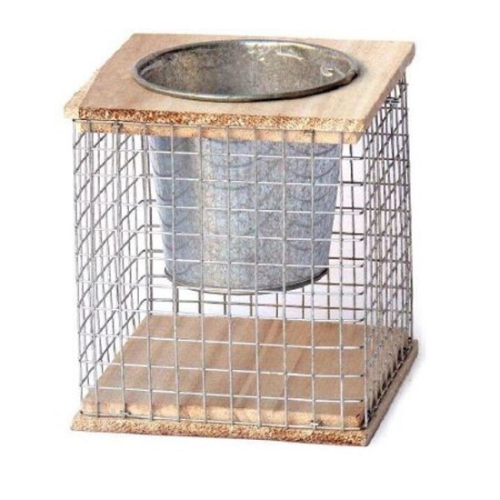 Jardinière en fil de fer, avec un pot en zinc - Gris / argent, Bois