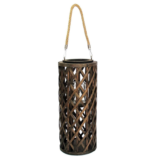 Lanterne cylindrique en bois avec grosse corde 20,5diam x h50cm avec pot en verre 12 diam x 12cm H - Marron, Bois et verre