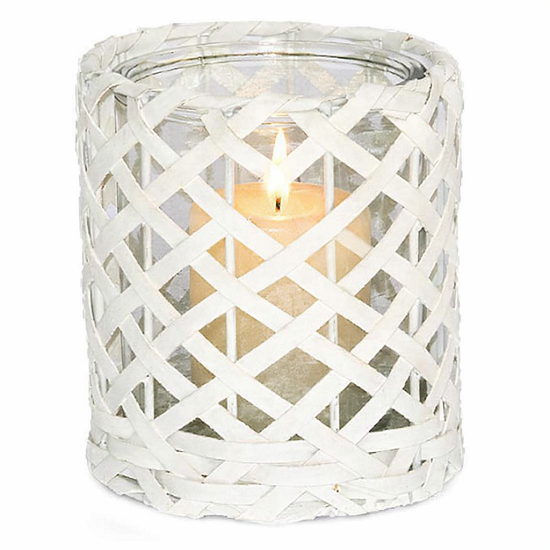 Grand bougeoir rond en osier blanc 11,5 diam. x h16 cm avec Pot en verre 10 diam x h15cm – Image 2