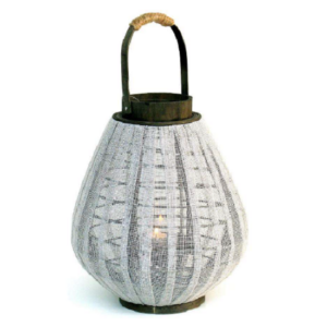 Lanterne en bois et tissus avec verre 35×35 x h43 avec anse 57cm. – Blanc, Bois et verre