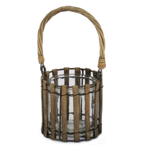Bougeoir rond en bois naturel poignée en osier 12 diam x H11,5 cm avec pot en verre 10 diam x h10 cm – Marron, Bois et verre