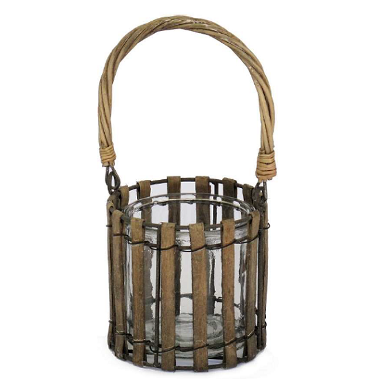 Bougeoir rond en bois naturel poignée en osier 12 diam x H11,5 cm avec pot en verre 10 diam x h10 cm - Marron, Bois et verre