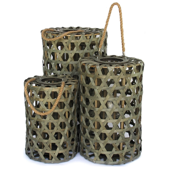 Bougeoir cylindrique vert en osier 27 diam x h39cm et pot en verre 8 diam x h8cm – Image 2