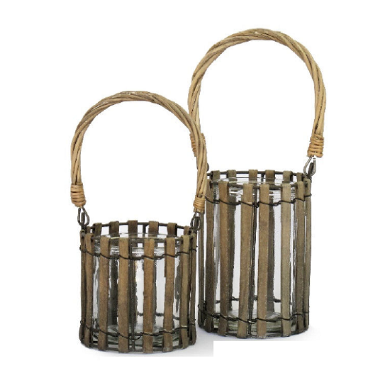 Bougeoir rond en bois naturel poignée en osier 12 diam x H11,5 cm avec pot en verre 10 diam x h10 cm - Marron, Bois et verre – Image 2