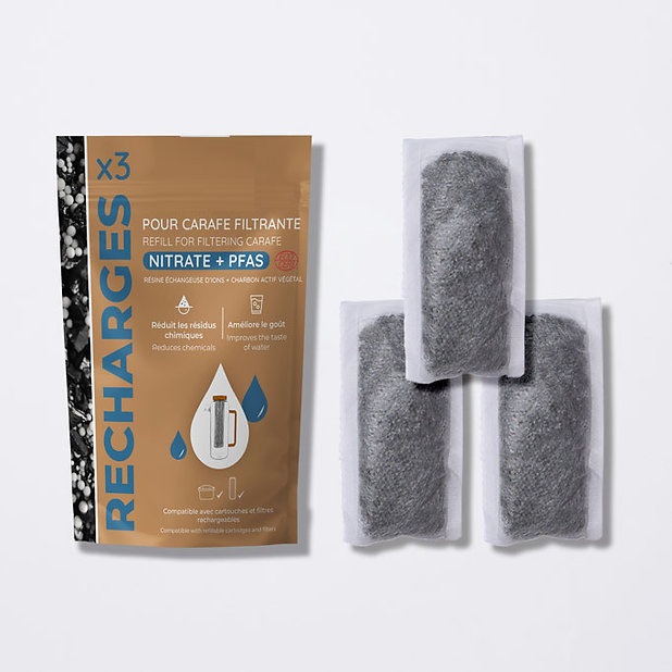 Recharge pour carafe filtrante PFAS ou nitrates Charbon actif lot 3 filtres - Noir