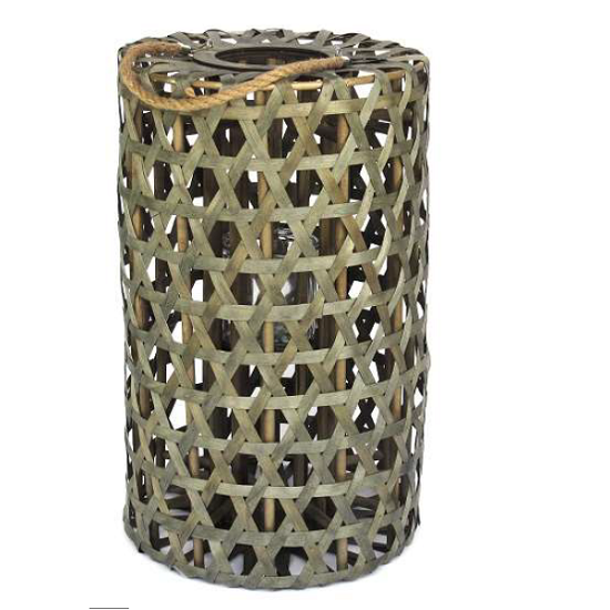 Bougeoir cilindrique en osier vert,36 diam. x h59cm avec Pot en verre 8 diam x h8cm