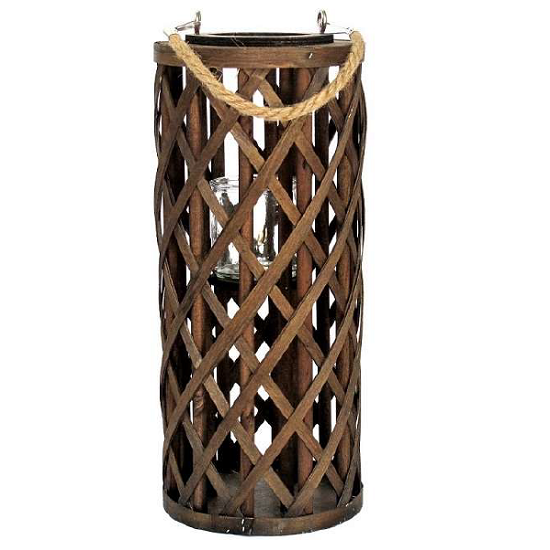 Petite lanterne cylindrique en bois et corde, 17,5 cm de diamètre x 40 cm de hauteur, bocal en verre 8 cm de diamètre x 8 cm de hauteur - Marron, Osier