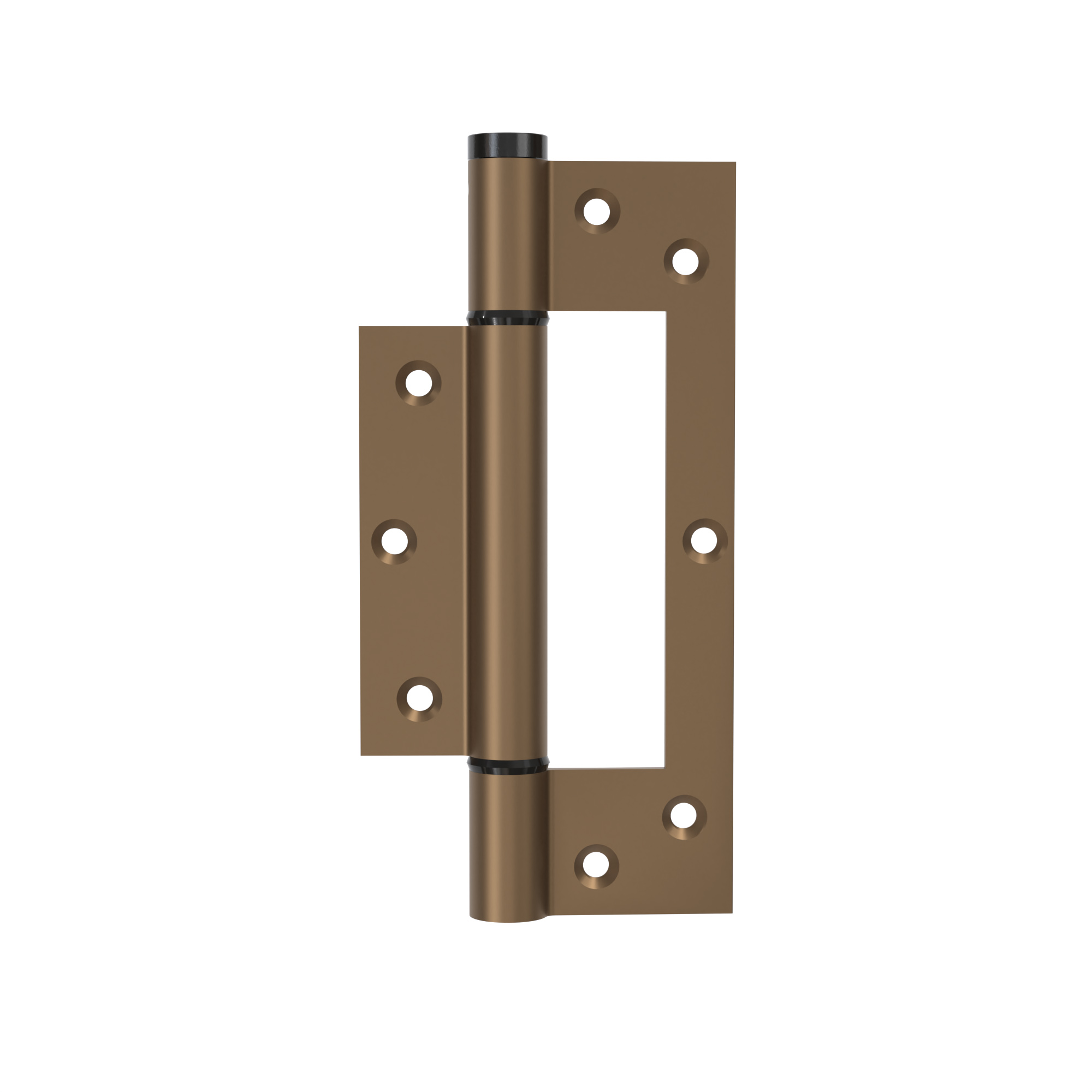 Charnière simple action à ressort, 150X40 mm, en aluminium anodisée bronze posée totalement en applique, a lame centrée. <br /> - Orange / cuivré