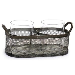 Porte bougie en fer, 27×14 x h9cm. /13 cm, avec 2 verres en verre d9,8 x h12cm – Incolore / transparent, Métal