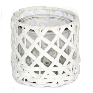 Porte bougie rond blanc en osier, diamètre 11,5 x hauteur 11,5 cm, avec Pot en verre diamètre 10 x hauteur 10cm