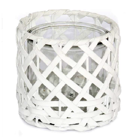 Porte bougie rond blanc en osier, diamètre 11,5 x hauteur 11,5 cm, avec Pot en verre diamètre 10 x hauteur 10cm