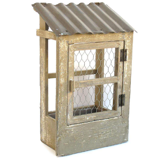 Jardinière maison en bois et fil de fer 20,5x12 x h33cm- Intérieur plastique - Marron, Bois et métal