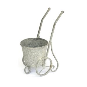 Jardinière chariot en métal gris, 26×14 x h34cm, cube 15 diam x h12,5cm – Gris / argent