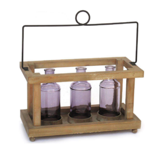 Porte-bouteille décoratif en bois 35×17 x hauteur 21cm avec 3 Bouteilles en verre diamètre 6,5 x hauteur 17cm – Marron, Bois et verre