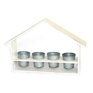 Jardinière en bois peint en blanc 48×10 x h31cm avec 4 pots en zinc 9x9cm.