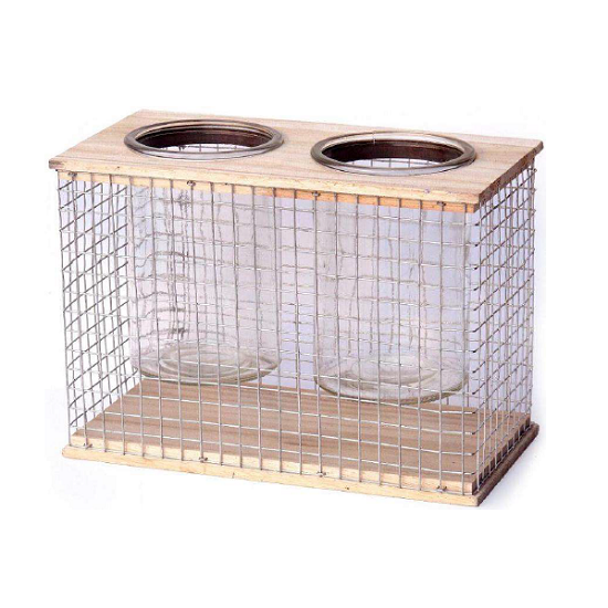 Bougeoir double en fil de fer et bois 27x14 x h19,5cm avec 2 Pots en verre 9,7 diam x 14,5cm - Multicouleur, Bois et métal