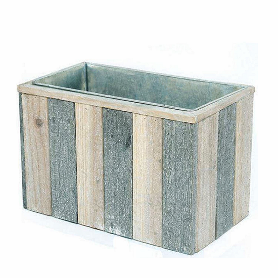 Jardinière en bois 32x18 x H21cm avec Pot de fleurs en zinc Base 23,5x10-haut 28x14,5-h 10cm - Beige, Bois et métal