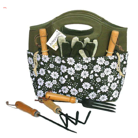 Sac en polyester 40,5x12,5 x h32cm avec set de jardinage 5 ustensiles en acier entre 24 et 29 cm de long manche bois et gants - Vert
