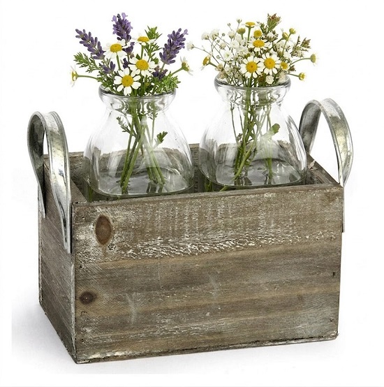 Porte 2 bouteilles, Poignée metal, avec 2 bouteilles en verre. - Marron, Bois – Image 2