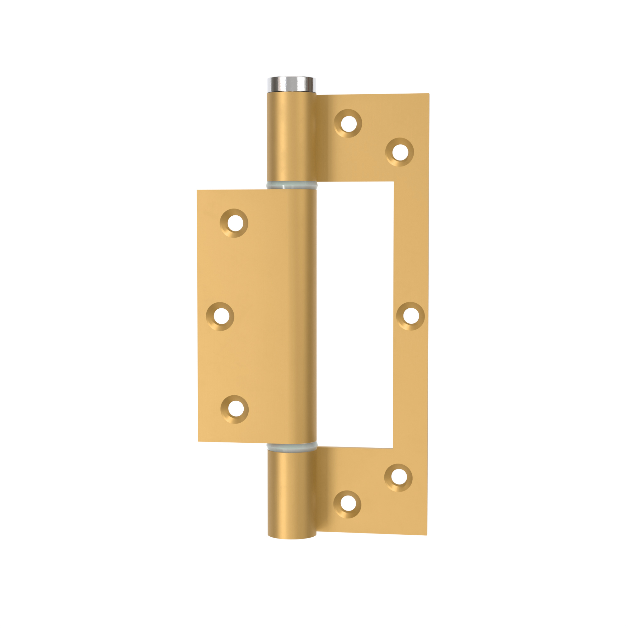Charnière simple action à ressort, 150X40 mm, en aluminium anodisée or posée totalement en applique, a lame centrée. <br /> - Jaune / doré
