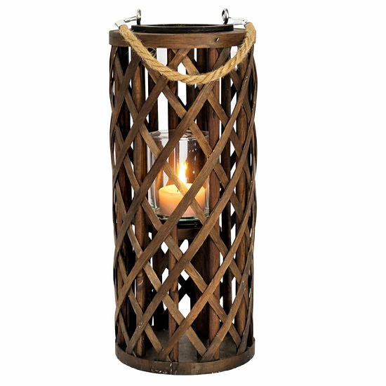 Petite lanterne cylindrique en bois et corde, 17,5 cm de diamètre x 40 cm de hauteur, bocal en verre 8 cm de diamètre x 8 cm de hauteur - Marron, Osier - Imagen 2