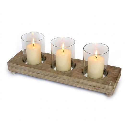 Bougeoir en bois pour 3 bougies 42,5x13 x h15,5cm- pot en verre 9 diam x h11cm- Socle 42,5x13xh5,5cm - Marron, Bois et verre – Image 2